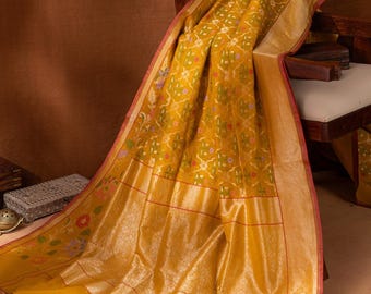 Mustard Yellow Banarasi Cotton Jamdani Saree: Floral Meenakari Jaal, Stitched blouse