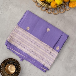 Sari in seta lilla Banarasi Katan: trama Mashru, Zari Butta dorato, CERTIFICATO CON MARCHIO DELLA SETA