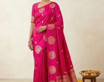 Rani Pink Banarasi Silk Saree: Peacock Zari, Stitched Blouse (Size 38-42)