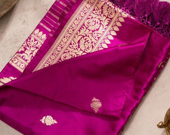 Rani Pink Banarasi Katan Silk Dupatta: Paisley Zari Weave, Floral Border