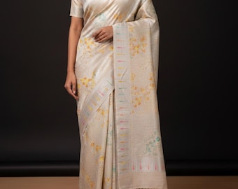 White Banarasi Tussar georgette Saree: Gold Zari, Multicolor Meenakari Weave