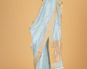 Sky Blue Chanderi Saree: Handwoven Gold Polka Motifs, SILK MARK CERTIFIED