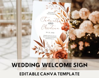 May include: Editable wedding welcome sign template featuring a floral design with fall colors. The sign says "Welcome to the wedding of Samantha and Christian" with the date "08.22.20XX" and the location "Grand Oak Ballroom, 456 Celebration Drive, Springfield, IL".