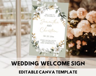 Modelo de placa de boas-vindas para casamento verde-sálvia Placa de boas-vindas para casamento editável Modelo de boas-vindas com folhagens Placa de boas-vindas para casamento floral verde-sálvia