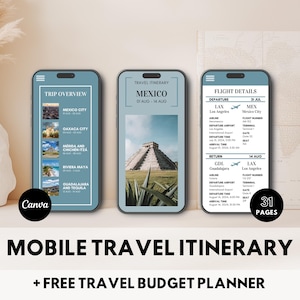 以下が含まれることがあります： メキシコへの旅行の旅程が表示された携帯電話の画面。旅程には、旅行の概要、旅行の旅程、フライトの詳細が含まれています。旅程は、8月1日から8月14日までの14日間の旅行です。旅程には、メキシコシティ、オアハカシティ、メリダとチチェン・イッツァ、リビエラ・マヤ、グアダラハラとテキーラの停留所が含まれています。旅程には、ロサンゼルスからメキシコシティへの往復便のフライトの詳細も含まれています。旅程は31ページです。