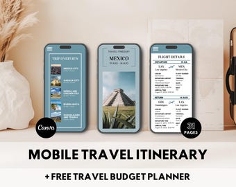 Mobile Travel Itinerary Template Editable Canva Travel Itinerary Template Trip Mobile Planner Digital Vacation Schedule Travel Organizer