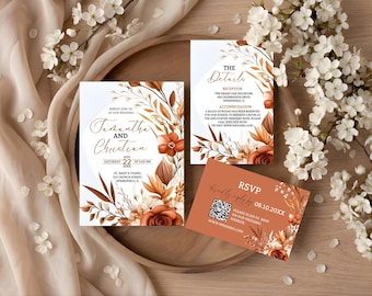 Terracotta Wedding Invitation Canva Template Terracotta Boho Wedding Invitation Printable Terracotta Wedding Invitation with RSVP QR Code