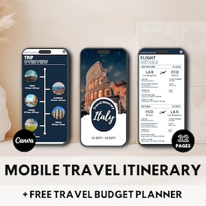 Travel Itinerary Template Canva Editable Mobile Travel Planner Traveling Guide Digital Travel Organizer Template Trip Vacation Schedule