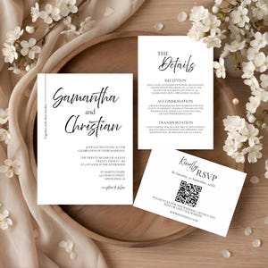 May include: A wedding invitation suite comprising three white cards with black text. The main card displays "Samantha and Christian" in stylish script. Details and RSVP cards are also present, set against a floral and wooden tray backdrop.