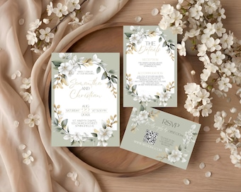 Sage Green Wedding Invitation Canva Template Printable Sage Green Wedding Invite Greenery Wedding Invitation Template Sage Green RSVP QR