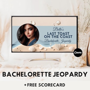 Last Toast on the Coast Bachelorette Jeopardy Game Bachelorette Trivia Coastal Bridal Party Bachelorette Canva Editable PowerPoint Template