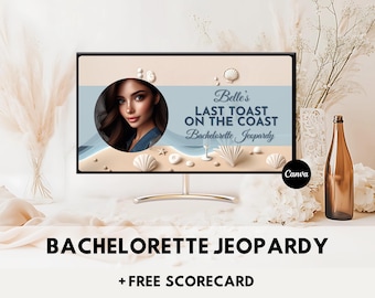 Last Toast on the Coast Bachelorette Jeopardy Game Bachelorette Trivia Coastal Bridal Party Bachelorette Canva Editable PowerPoint Template