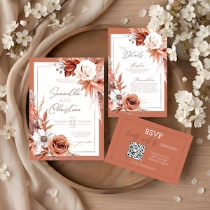 May include: A set of terracotta wedding invitations with floral accents, including a main invitation, details card, and RSVP card. The main invitation reads "Samantha and Christian" with the date August 22nd. Floral elements include roses and daisies.