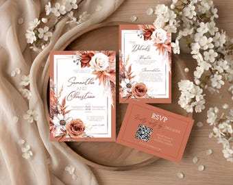 Boho Rust Wedding Invitation Template Terracotta Wedding Invitation Suite Boho Pampas Wedding Invitation Set Modern Burnt Orange Rose Invite