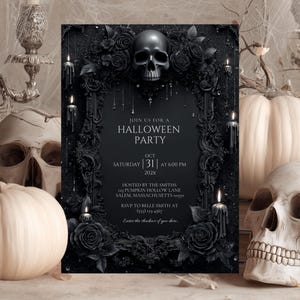 Gothic Skull Halloween Party Invitation Canva Template Printable All Black Party Invite Editable Dark Gothic Birthday Party Invitation