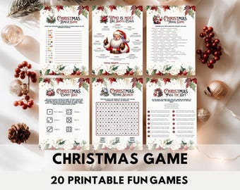 Könnte beinhalten: Eine Sammlung druckbarer Weihnachtsspiele mit festlichen Designs. Die Spiele umfassen ein Emoji-Spiel, Quiz, Candy Dice, Wortsuche und ein Geschenk-Weitergabe-Spiel. Der Titel "Christmas Game" und "20 Printable Fun Games" werden angezeigt.