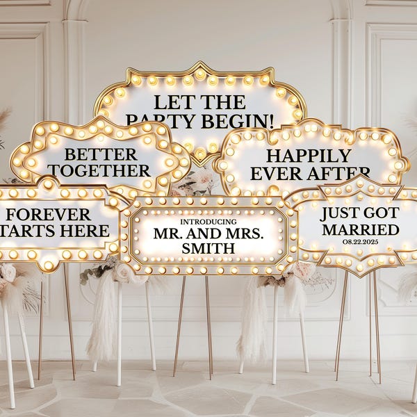Plantilla editable de letrero luminoso para bodas en Canva. Cartel de entrada para servicio de botellas, decoración para recepción, descarga digital, señalización moderna para fiestas y eventos.