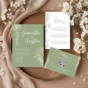 Sage Green Baby's Breath Wedding Invitation Canva Template Editable Gypsophila Wedding Invite Suite Printable Sage Green Weeding Invitation