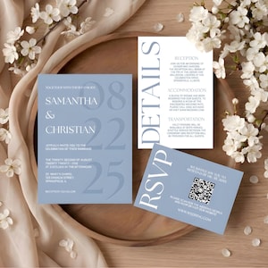May include: A wedding stationery set in shades of blue and white. The main invitation card displays the names "Samantha & Christian" and the date "08/22/25". Accompanying cards provide details and RSVP information. The scene is decorated with white flowers.