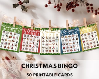 May include: Five Christmas Bingo cards in green, red, white, blue, and gold are displayed, each with a different color border and festive illustrations. The words "Christmas Bingo" are at the top of each card. The text "50 Printable Cards" is at the bottom.