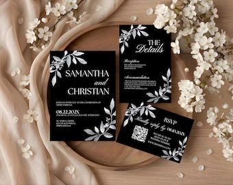 Könnte beinhalten: Schwarzes Hochzeitseinladungs-Set mit weißen floralen Akzenten. Die Einladungskarte trägt die Namen "Samantha und Christian" sowie Datum und Ort. Zusätzliche Karten enthalten "Die Details" und eine RSVP-Karte mit einem QR-Code.