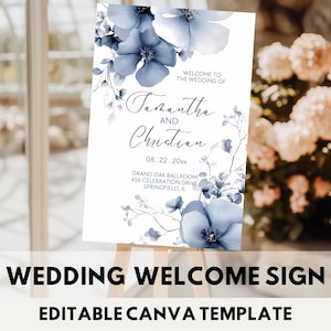 Dusty Velvet Blue Wedding Welcome Sign Template Editable Blue Floral Wedding Welcome Sign Canva Template Printable Dusty Blue Wedding Sign