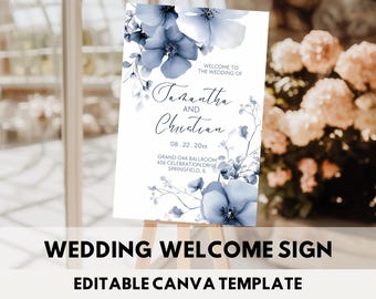 Dusty Velvet Blue Hochzeit Willkommensschild Vorlage Bearbeitbares Blaues Blumenhochzeits-Willkommensschild Canva Template Printable Dusty Blue Hochzeitsschild
