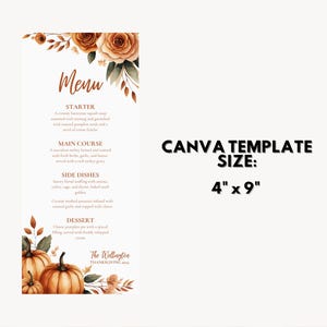 K&ouml;nnte beinhalten: Eine vertikale Men&uuml;vorlage mit einem Aquarelldesign. Das Men&uuml; zeigt ein Blumenarrangement mit K&uuml;rbissen und dem Text "Menu". Die Canva-Vorlagengr&ouml;&szlig;e betr&auml;gt 10 cm x 23 cm.