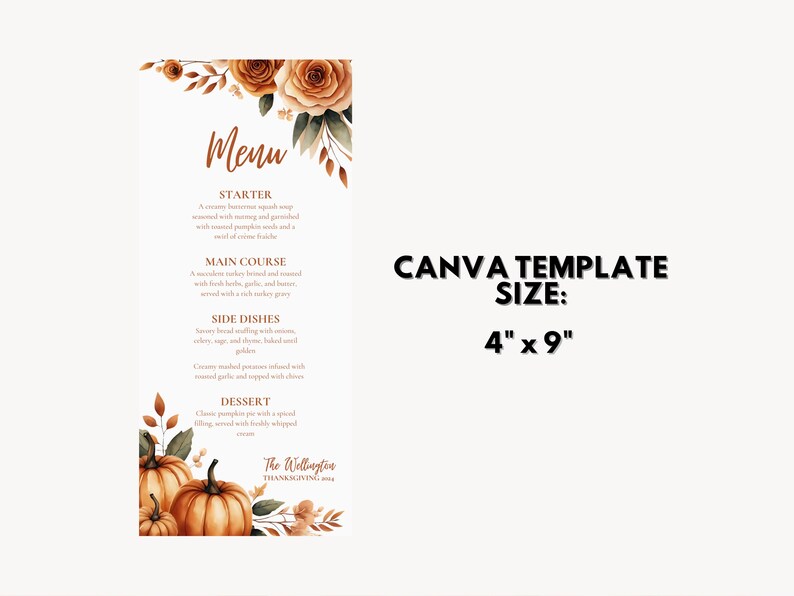 K&ouml;nnte beinhalten: Eine vertikale Men&uuml;vorlage mit einem Aquarelldesign. Das Men&uuml; zeigt ein Blumenarrangement mit K&uuml;rbissen und dem Text "Menu". Die Canva-Vorlagengr&ouml;&szlig;e betr&auml;gt 10 cm x 23 cm.
