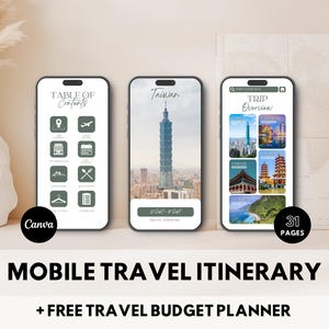 Könnte beinhalten: Ein Handy-Bildschirm zeigt einen Reiseplan für Taiwan. Der Reiseplan enthält ein Inhaltsverzeichnis, eine Reiseübersicht und 31 Seiten mit Informationen. Der Text "MOBILE TRAVEL ITINERARY + FREE TRAVEL BUDGET PLANNER" wird unter dem Bildschirm des Handys angezeigt.