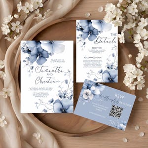Plantilla de invitación de boda azul, conjunto de invitaciones de boda en terciopelo azul grisáceo, conjunto de invitaciones de boda azul claro, conjunto de invitaciones de boda azul francés
