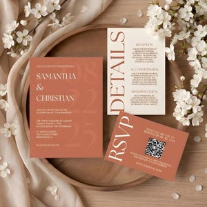May include: A wedding invitation suite featuring terracotta-colored cards with white text. The main invitation card displays the names "Samantha & Christian" and the wedding date. Additional cards provide details and RSVP information, with floral accents.