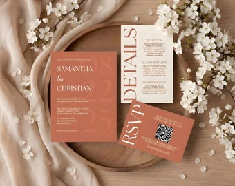 Invitación de boda en terracota, plantilla de invitación de boda en tono óxido, invitación de boda minimalista en terracota, suite de boda bohemia con código QR.