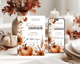 Könnte beinhalten: Einladung zum Thanksgiving-Dinner mit Aquarellkürbissen, Blumen und Herbstlaub. Die Einladung wird auf einer Karte und einem Smartphone angezeigt, mit dem Text "Thanksgiving Dinner" und Veranstaltungsdetails. Die Farbpalette umfasst Orange, Braun und Weiß.