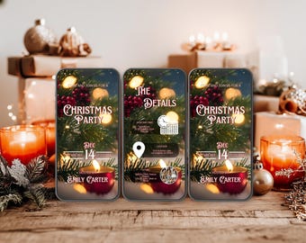 Könnte beinhalten: Drei Smartphones zeigen eine Weihnachtsparty-Einladung mit festlicher Dekoration. Die Einladungen zeigen Text, darunter "Christmas Party" und Veranstaltungsdetails, mit einem Hintergrund aus Grün, Beeren und Lichtern. Kerzen und Ornamente befinden sich im Vordergrund.