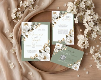 Sage Green Wedding Invites Printable Sage Green Wedding Invitation Canva Template Sage Green White Floral Wedding Invitation Suite Template