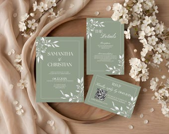 Sage Green Wedding Invitation Template Wedding Invitation Suite Canva Sage Green Wedding Invite Set Bundle Green Wedding Invitation Download