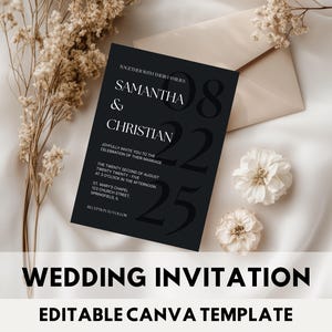 Modèle de faire-part de mariage moderne modifiable, suite de faire-part de mariage minimaliste Faire-part de mariage noir avec code QR, inviter en noir et blanc