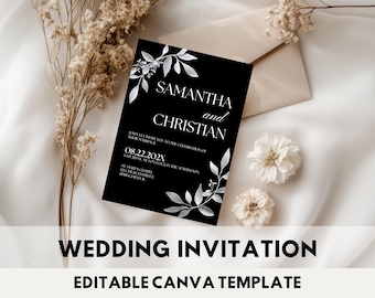 Schwarze Hochzeitseinladungsvorlage Bearbeitbar Klassische schwarze Hochzeitseinladungsreihe Edle schwarze Hochzeitseinladung Modernes Hochzeitseinladungsset