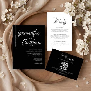 May include: A wedding invitation suite featuring black cards with white calligraphy. The main card reads "Samantha and Christian" and includes event details. A details card and RSVP card are also present, with floral accents.