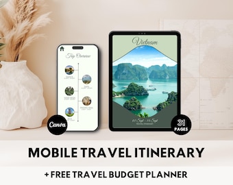 Modèle numérique d'itinéraire de voyage Planificateur de voyage Canva Planificateur mobile modifiable Programme de vacances Planificateur d'itinéraire de voyage Guide de voyage