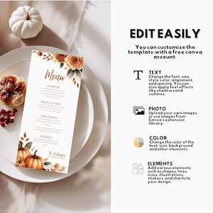 K&ouml;nnte beinhalten: Eine herbstliche Men&uuml;karte mit floralen und K&uuml;rbis-Illustrationen. Die Karte liegt auf einem wei&szlig;en Teller mit Geb&auml;ck und Beeren. Der Text auf der Karte lautet "Men&uuml;" und enth&auml;lt Abschnitte f&uuml;r Vorspeise, Hauptgericht, Beilagen und Dessert.