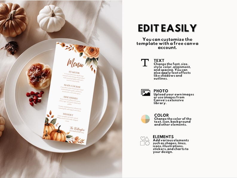 K&ouml;nnte beinhalten: Eine herbstliche Men&uuml;karte mit floralen und K&uuml;rbis-Illustrationen. Die Karte liegt auf einem wei&szlig;en Teller mit Geb&auml;ck und Beeren. Der Text auf der Karte lautet "Men&uuml;" und enth&auml;lt Abschnitte f&uuml;r Vorspeise, Hauptgericht, Beilagen und Dessert.