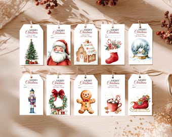 Könnte beinhalten: Eine Sammlung weißer Weihnachtskarten mit Aquarellillustrationen. Designs umfassen einen Weihnachtsbaum, den Weihnachtsmann, ein Lebkuchenhaus, einen Strumpf, eine Schneekugel, einen Nussknacker, einen Kranz, einen Lebkuchenmann, heiße Schokolade und einen Schlitten.