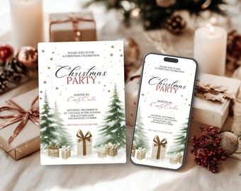 May include: Christmas party invitation with a festive design. The invitation features a watercolor illustration of Christmas trees, gifts, and the text "Christmas Party". A smartphone displays the same invitation.