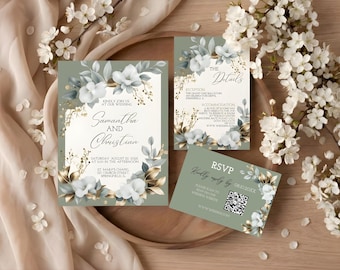 Elegant Sage Green Wedding Invite Template Printable  Sage Green Wedding Invitation Canva Template Minimalist Sage Wedding Invitation Suite