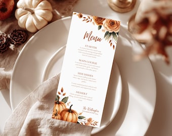 Thanksgiving Party Dinner Menu Canva Template Editable Friendsgiving Menu Card Template Fall Dinner Menu Printable Pumpkin Floral Menu Card