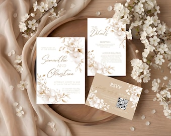 Classic Brown Wedding Invitation Template Editable Minimalist Brown Wedding Invitation Suite Brown Floral Wedding Invitation Set Template