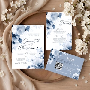May include: Wedding invitation suite featuring floral designs in shades of blue and white. The invitation includes the names "Samantha and Christian", date, and time. Additional cards include "The Details" and an RSVP card with a QR code.
