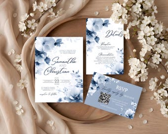 Könnte beinhalten: Hochzeitseinladungs-Set mit floralen Designs in Blau- und Weißtönen. Die Einladung enthält die Namen "Samantha und Christian", Datum und Uhrzeit. Zusätzliche Karten enthalten "The Details" und eine RSVP-Karte mit einem QR-Code.